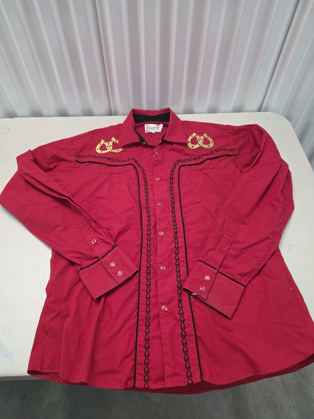 Ace of Diamond Mens Red Western Shirt Gold Spur Embroidery Pearl Snap Large
